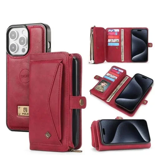 Funda para Teléfono iPhone 15 Plus con Cremallera Multifuncional de Cuero (Rojo)