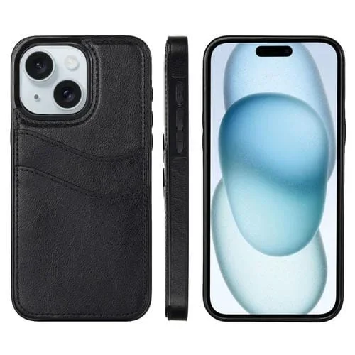 Funda para Teléfono iPhone 15 Plus con Ranuras para Tarjetas Piel de Cuero Litchi (Negro)
