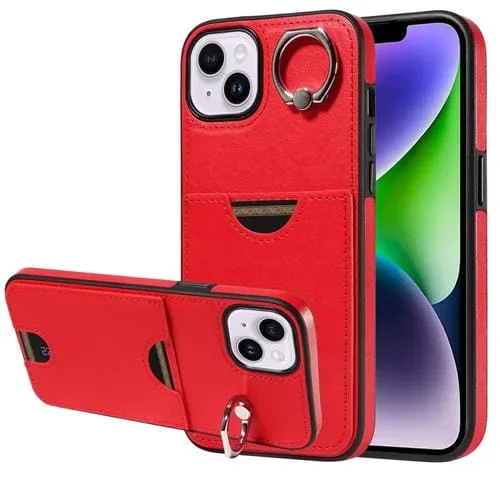 Funda para Teléfono iPhone 15 Plus con Soporte para Anillo y Ranura para Tarjeta (Rojo)