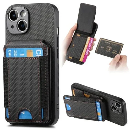 Funda para Teléfono iPhone 15 Plus con Soporte y Billetera con Tapa Vertical de Fibra de Carbono (Negro)