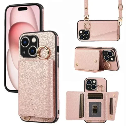 Funda para Teléfono iPhone 15 Plus Contraportada de Cuero con Billetera y Anillo Cruzado (Rosa)