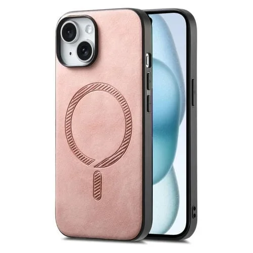 Funda para Teléfono iPhone 15 Plus Contraportada PU Magsafe Retro (Rosa)