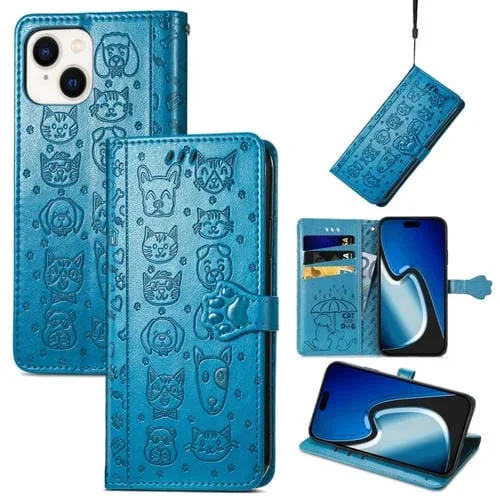 Funda para Teléfono iPhone 15 Plus Cuero Relieve Perro y Gato (Azul)