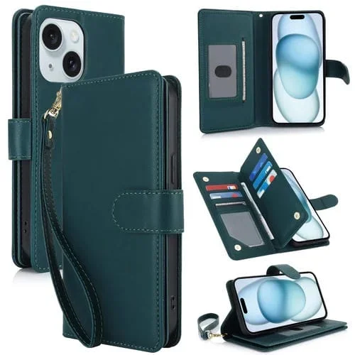 Funda para Teléfono iPhone 15 Plus Cuero Rfid con Billetera MultiTarjeta (Verde)