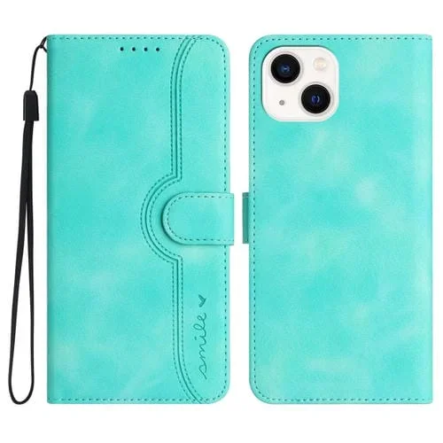 Funda para Teléfono iPhone 15 Plus Cuero Sensación de Piel Patrón de Corazón (Azul Claro)