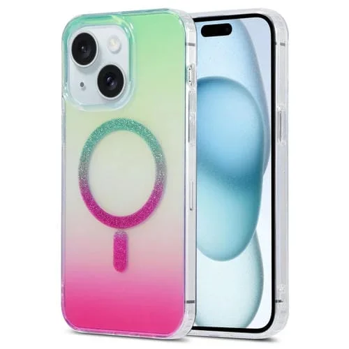 Funda para teléfono iPhone 15 Plus Magic Diamond Blu-Ray Magsafe (Degradado de Rosa Verde)