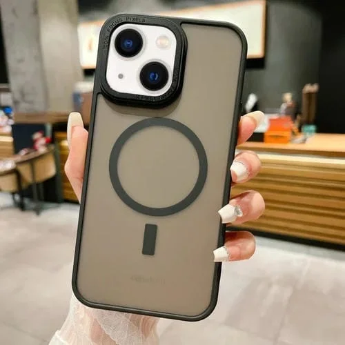 Funda para Teléfono iPhone 15 Plus Magsafe Acrílico Sensación Piel Esmerilada Imitación Metal (Negro)