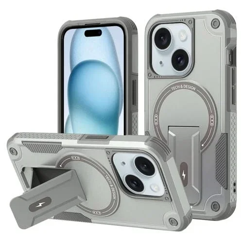 Funda para Teléfono iPhone 15 Plus Magsafe Holder Armor PC Hybrid TPU (Gris)