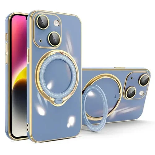 Funda para teléfono iPhone 15 Plus Multifunción Galvanoplastia Magsafe con Soporte (Azul)