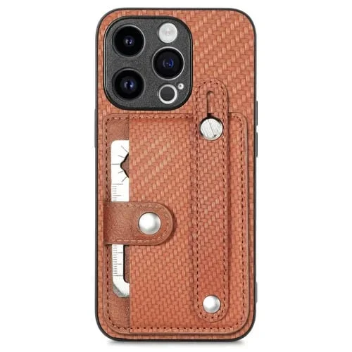 Funda para teléfono iPhone 15 Plus Muñequera Kickstand Card Wallet con Cuchillo para Herramientas (Marrón)