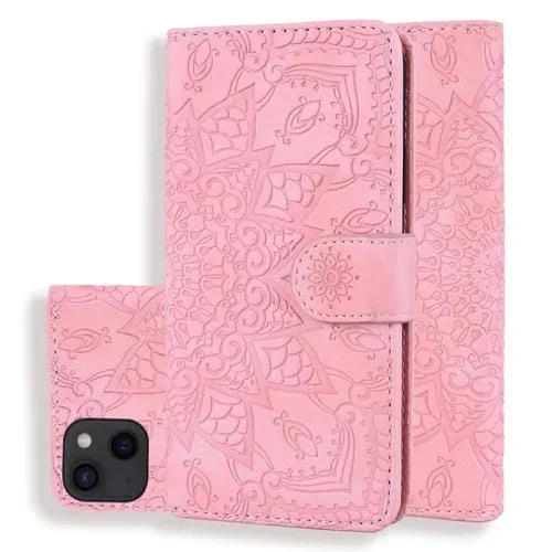 Funda para Teléfono iPhone 15 Plus Piel de Becerro Doble Pliegue Relieve Mandala (Rosa)