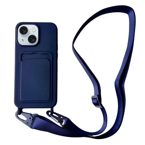 Funda para teléfono iPhone 15 Plus silicona líquida con ranura para tarjeta y cordón (Azul Oscuro)