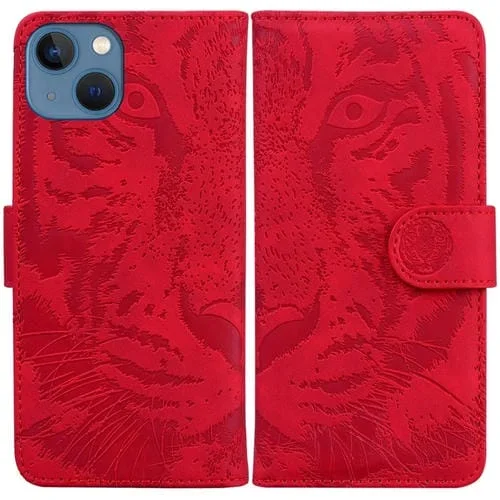 Funda para teléfono iPhone 15 Plus Tiger Embossing Pattern Cuero (Rojo)