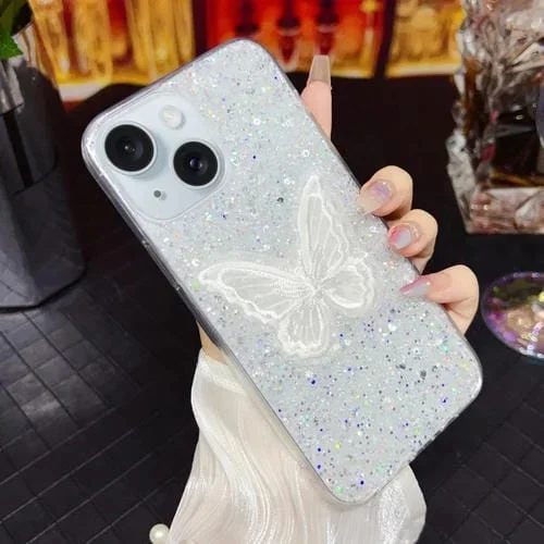 Funda para Teléfono iPhone 15 Plus TPU Epoxi Mariposa Bordada Lentejuelas Estrelladas (Plateado)