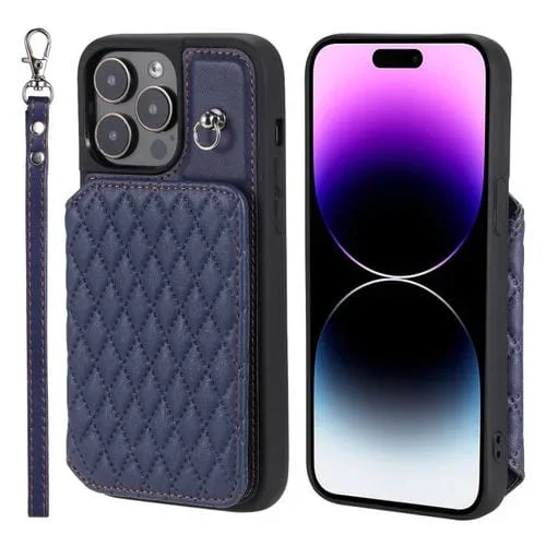Funda para Teléfono iPhone 15 Pro Bolsa para Tarjetas Textura de Rejilla con Cordón (Azul)