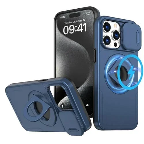 Funda para teléfono iPhone 15 Pro Camshield Magsafe Ring Holder Armor (Azul)