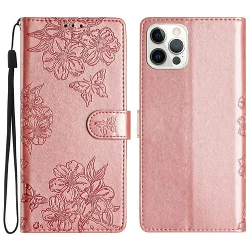 Funda para teléfono iPhone 15 Pro Cherry Blossom Butterfly Skin Feel PU en relieve (Oro Rosa)