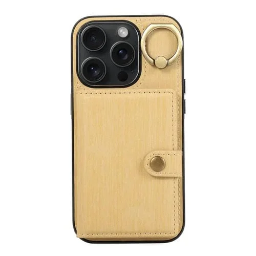 Funda para Teléfono iPhone 15 Pro con Soporte para Anillo y Billetera Textura Cepillada (Amarillo)
