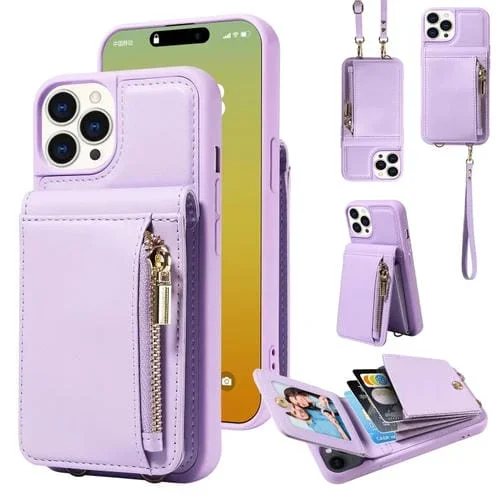 Funda para Teléfono iPhone 15 Pro Cuero con Billetera, Cremallera y Cordón Cruzado (Púrpura)