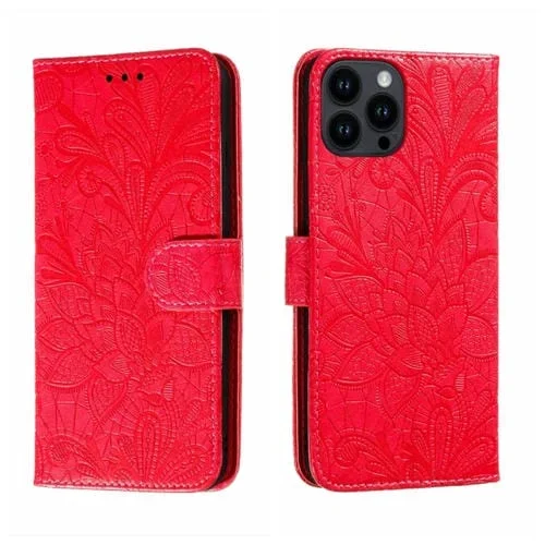 Funda para Teléfono iPhone 15 Pro Cuero con Tapa Estampado Flores de Encaje (Rojo)