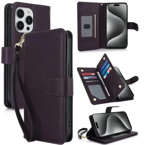 Funda para Teléfono iPhone 15 Pro Cuero Rfid con Billetera MultiTarjeta (Púrpura Oscuro)