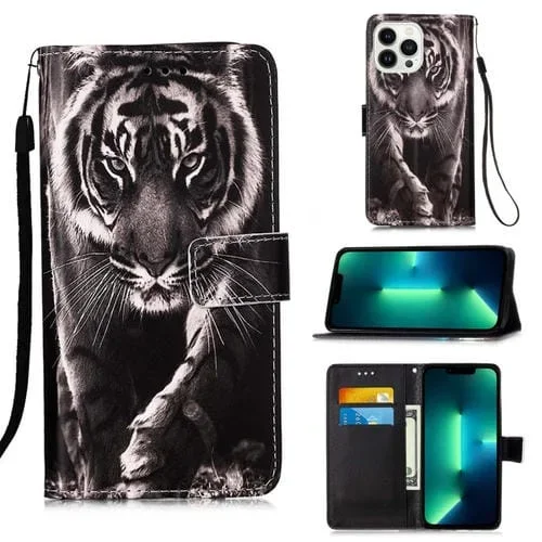 Funda para teléfono iPhone 15 Pro Cuero tejido liso patrón dibujo Tigre (Blanco y Negro)