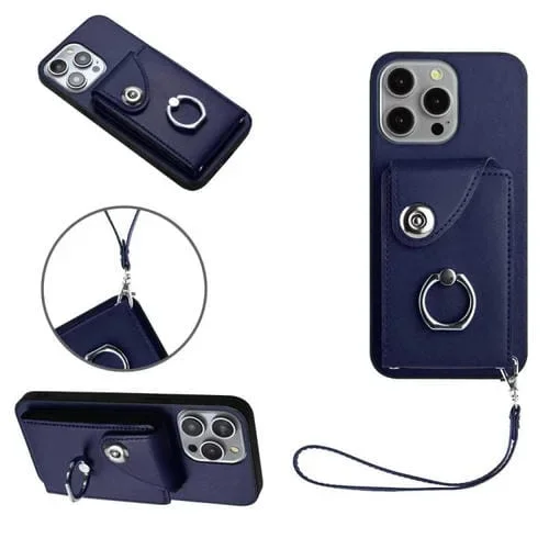 Funda para Teléfono iPhone 15 Pro de Pu con Soporte para Anillo y Bolsa para Tarjeta con Cordón (Azul)