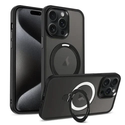 Funda para teléfono iPhone 15 Pro Magsafe Holder Skin-Feel PC Hybrid (Negro)