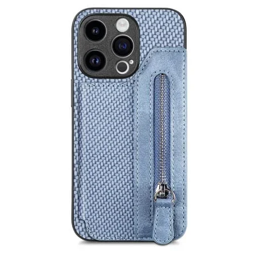 Funda para Teléfono iPhone 15 Pro Max con Billetera, Cremallera y Tapa Horizontal de Fibra de Carbono (Azul)