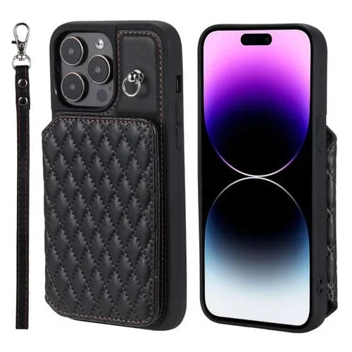 Funda para Teléfono iPhone 15 Pro Max con Bolsa para Tarjetas Textura de Rejilla y Cordón (Negro)