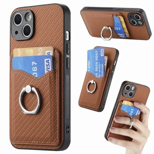 Funda para Teléfono iPhone 15 Pro Max con Soporte para Anillo y Billetera con Tarjeta Fibra de Carbono (Marrón)