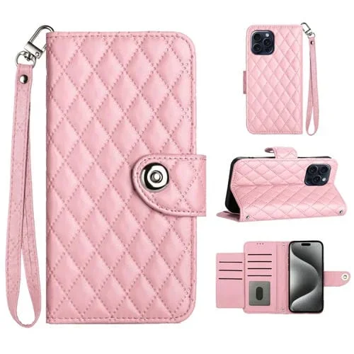 Funda para Teléfono iPhone 15 Pro Max con Tapa de Cuero Textura Rómbica y Cordón (Rosa)