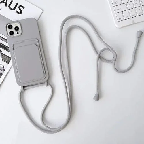 Funda para Teléfono iPhone 15 Pro Max Crossbody Lanyard con Tarjetero de Silicona Elástica (Gris)