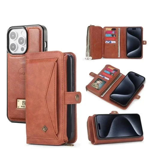 Funda para Teléfono iPhone 15 Pro Max Cuero con Billetera y Cremallera Multifuncional (Marrón)