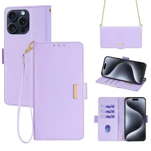 Funda para Teléfono iPhone 15 Pro Max Cuero con Cadena Cruzada (Púrpura)