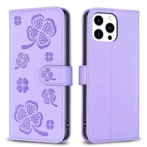 Funda para Teléfono iPhone 15 Pro Max Cuero con Relieve de Cuatro Hojas (Púrpura)