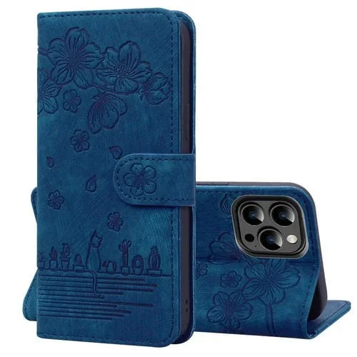Funda para Teléfono iPhone 15 Pro Max Cuero Relieve Gato Sakura Dibujos Animados (Azul Real)
