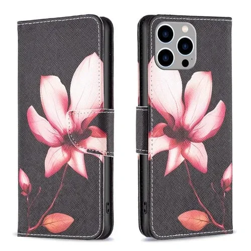 Funda para Teléfono iPhone 15 Pro Max Flip Cuero Patrón de Dibujo Coloreado (Lotus)