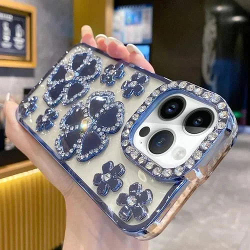 Funda para Teléfono iPhone 15 Pro Max Galvanoplastia Flor Diamante TPU (Azul)