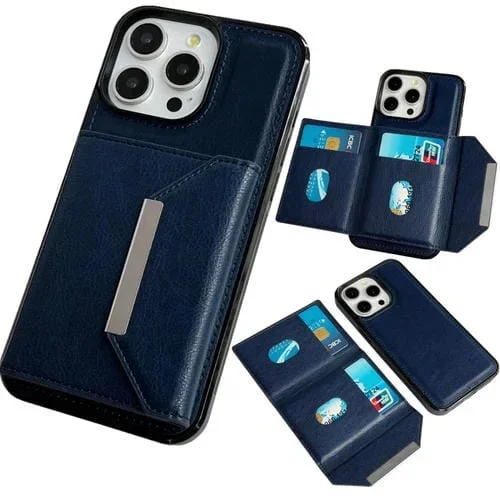 Funda para Teléfono iPhone 15 Pro Max Hebilla de Metal Ranuras para Tarjetas Bolsa (Azul)