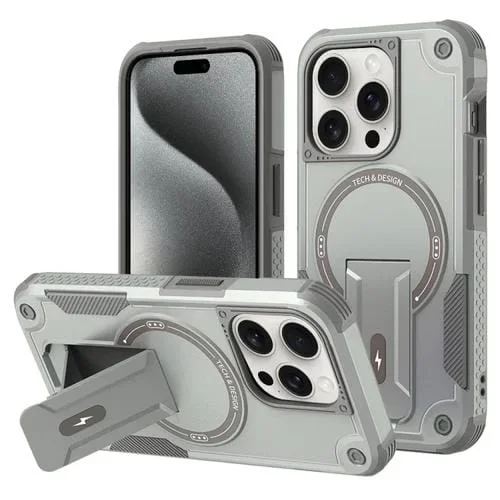 Funda para Teléfono iPhone 15 Pro Max Magsafe Holder Armor PC Hybrid TPU (Gris)