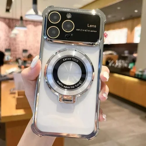 Funda para Teléfono iPhone 15 Pro Max Magsafe Holder TPU a Prueba de Golpes con Película para Lentes (Plata)