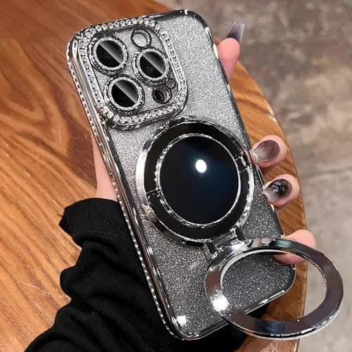 Funda para Teléfono iPhone 15 Pro Max Magsafe Rhinestone Mirror Glitter TPU (Plata Espacial)