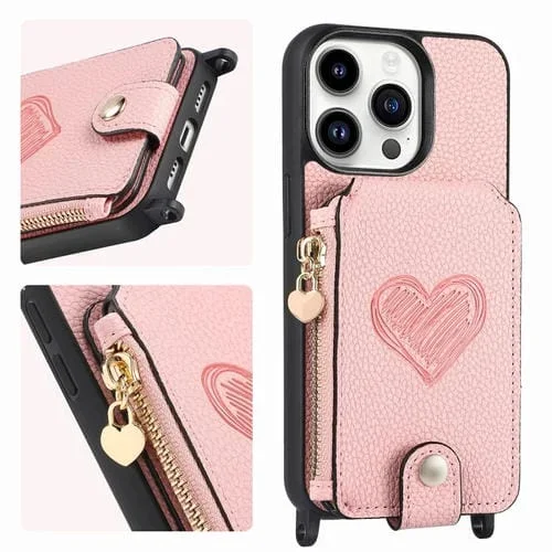 Funda para Teléfono iPhone 15 Pro Max Parte Trasera de Cuero con Cremallera y Amor Cruzado (Rosa)