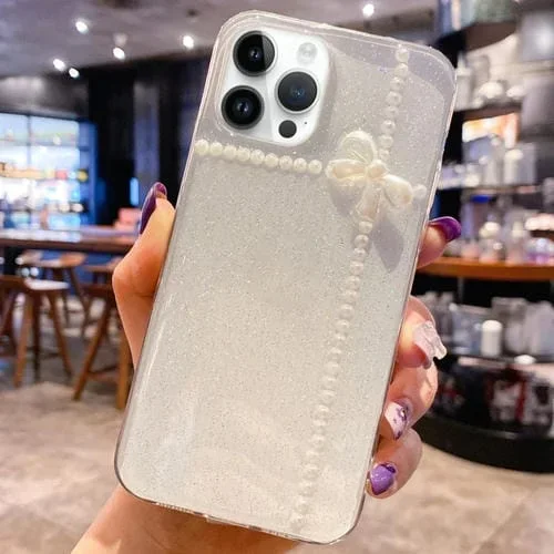Funda para Teléfono iPhone 15 Pro Max Pearl Bow Glitter Epoxy TPU (Nudos Cruzados)