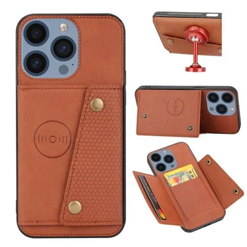 Funda para Teléfono iPhone 15 Pro Max Pu + TPU Ranuras para Tarjetas con Doble Hebilla (Marrón)