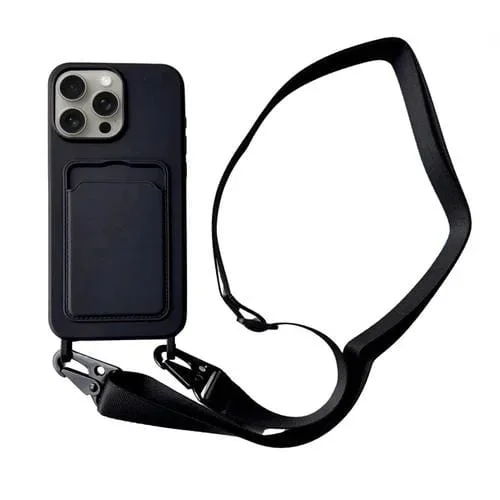 Funda para Teléfono iPhone 15 Pro Max Silicona Líquida Ranura para Tarjeta y Cordón (Negro)