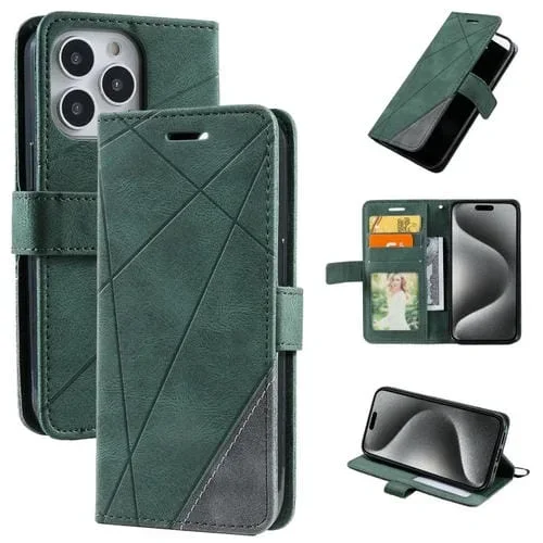 Funda para Teléfono iPhone 15 Pro Max Skin Feel Empalme Cuero (Verde)