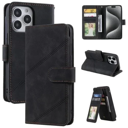 Funda para teléfono iPhone 15 Pro Skin Feel Cuero con Billetera y Múltiples Tarjetas (Negro)