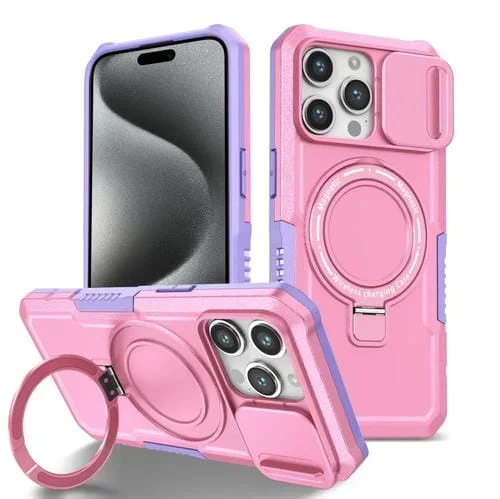 Funda para teléfono iPhone 15 Pro Sliding Camshield Magsafe Holder TPU Hybrid (Púrpura Rosa)